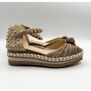 Christian Louboutin Madcarina 60 Brown Suede Espadrille Sandal Gold Spikes EU 35